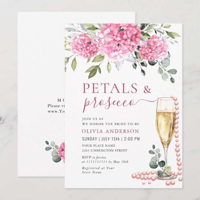 Vattenfärgad Rosa Hydrangea PETALS & Prosecco Inbjudningar (Fram/baksida)