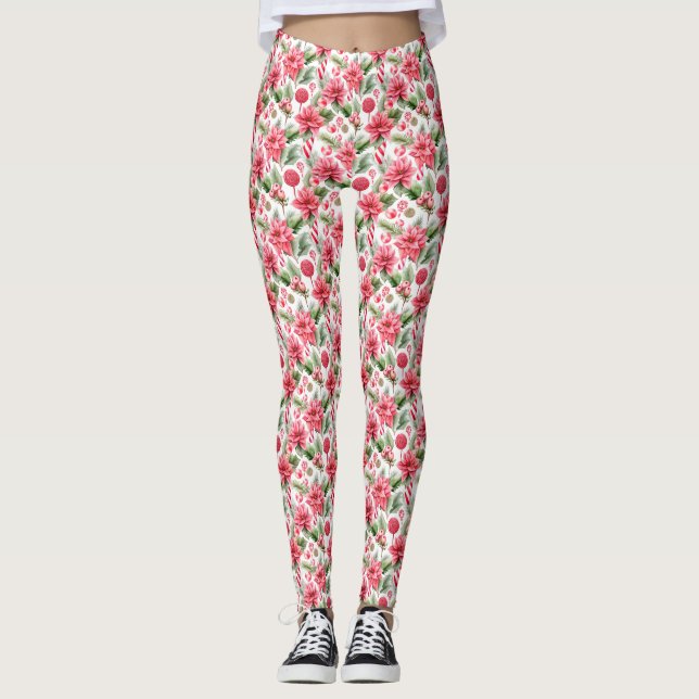 Vattenfärgad Rosa julbalkar Leggings (Framsida)