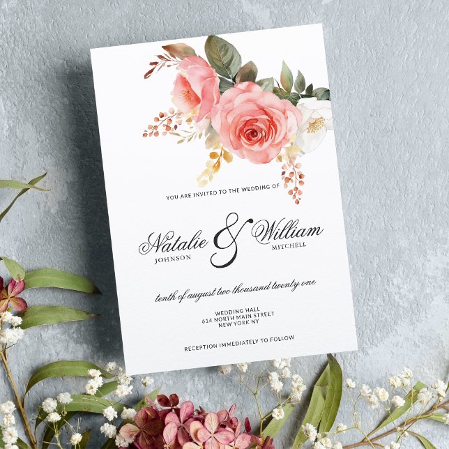 Vattenfärgad rosa koral ro blommigt bröllop inbjudningar (Watercolor white pink coral roses floral wedding)