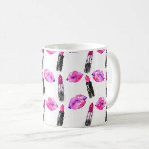 Vattenfärgad rosa läppar läppstift mönster makeup kaffemugg
