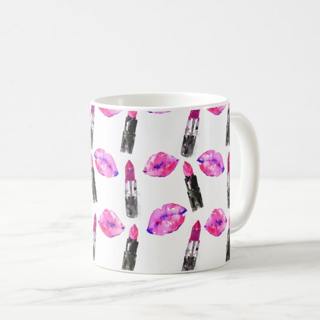 Vattenfärgad rosa läppar läppstift mönster makeup kaffemugg (Framsida höger)