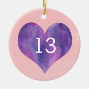 Vattenfärgad Rosa Lila Hjärta 13: e födelsedagen Julgransprydnad Keramik