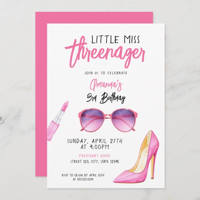 Vattenfärgad Rosa Makeup, 3:e födelsedag Inbjudningar (Fram/baksida)