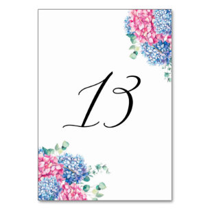 Vattenfärgad Rosa och blå Hydrangeas Bord 13 Bordsnummer