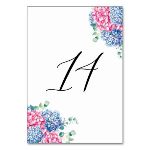 Vattenfärgad Rosa och blå Hydrangeas Bord 14 Bordsnummer