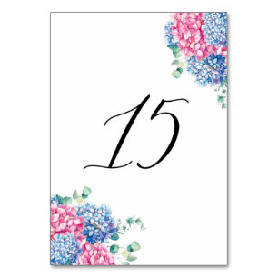 Vattenfärgad Rosa och blå Hydrangeas Bord 15 Bordsnummer