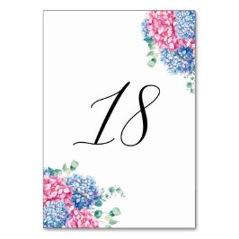 Vattenfärgad Rosa och blå Hydrangeas Bord 18 Bordsnummer