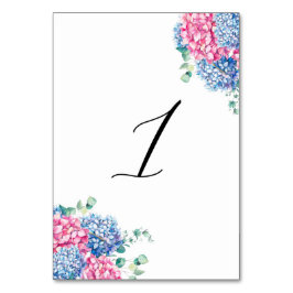 Vattenfärgad Rosa och blå Hydrangeas Bord 1 Bordsnummer