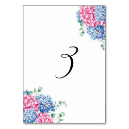 Vattenfärgad Rosa och blå Hydrangeas Bord 3 Bordsnummer