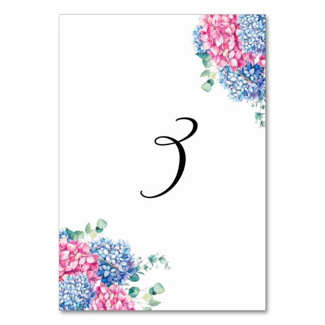 Vattenfärgad Rosa och blå Hydrangeas Bord 3 Bordsnummer (Framsidan)