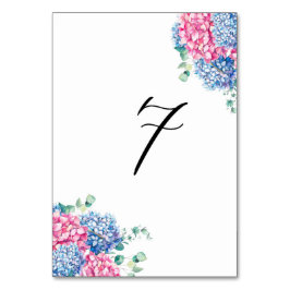 Vattenfärgad Rosa och blå Hydrangeas Bord 7 Bordsnummer