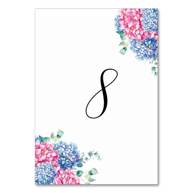 Vattenfärgad Rosa och blå Hydrangeas Bord 8 Bordsnummer (Framsidan)