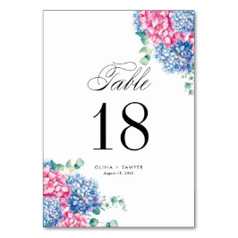 Vattenfärgad Rosa och blå Hydrangeas Bröllop Bordsnummer