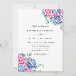 Vattenfärgad Rosa och blå Hydrangeas Bröllop Inbjudningar