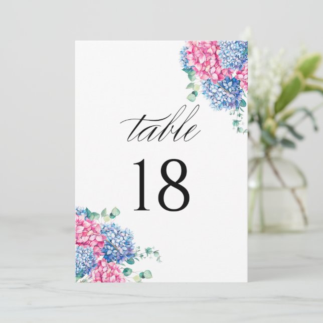 Vattenfärgad Rosa och Blue Hydrangea-Bordsnummer (Stående Fram)
