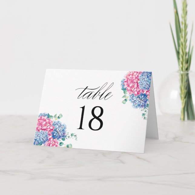 Vattenfärgad Rosa och Blue Hydrangea-Bordsnummer Kort (Framsida)