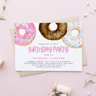 Vattenfärgad Rosa och choklad Donuts Födelsedag Inbjudningar
