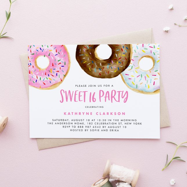 Vattenfärgad Rosa och choklad Donuts Söt 16 Inbjudningar (Skapare uppladdad)