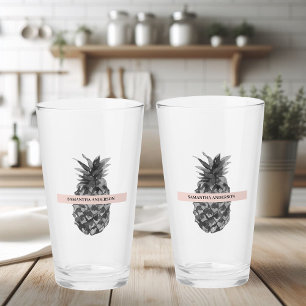 Vattenfärgad Rosa och Grått ananas   Ditt namn Glaskopp