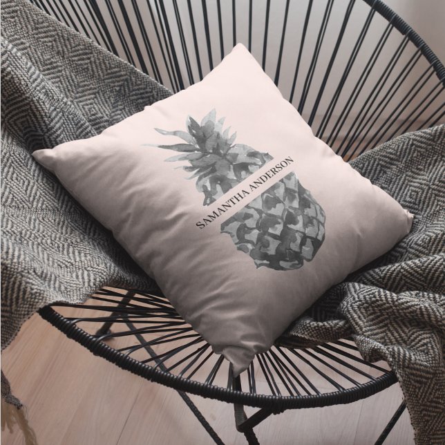 Vattenfärgad Rosa och Grått ananas | Ditt namn Kudde (Skapare uppladdad)