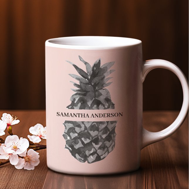 Vattenfärgad Rosa och Grått ananas | Ditt namn Två-Tonad Mugg (Skapare uppladdad)