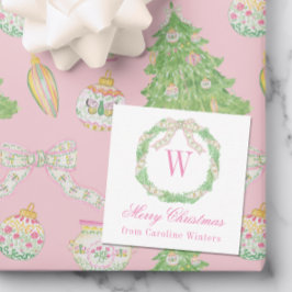 Vattenfärgad Rosa och Grönt Jul Monogram Utandning Anteckningskort