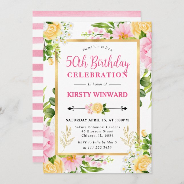 Vattenfärgad Rosa och Gula blommor 50:e födelsedag Inbjudningar (Fram/baksida)