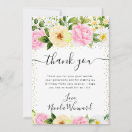 Vattenfärgad Rosa och Gula blommor födelsedag Tack Kort
