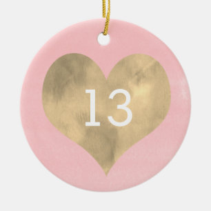 Vattenfärgad Rosa och Guld Heart 13: e födelsedage Julgransprydnad Keramik