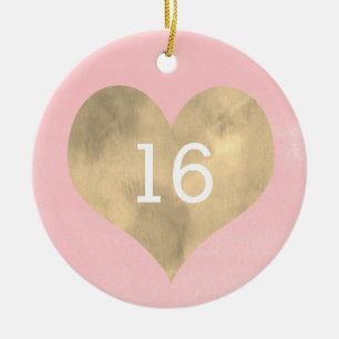 Vattenfärgad Rosa och Guld Heart 16:e födelsedag Julgransprydnad Keramik