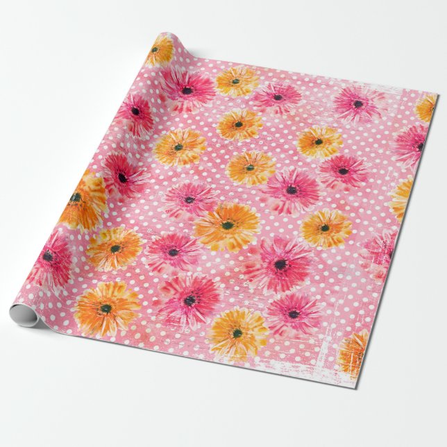 Vattenfärgad rosa och gult gerbera-blommor mönster presentpapper (Utrullad)