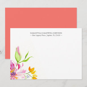 Vattenfärgad Rosa och Orange Blommigt Tackkort Anteckningskort