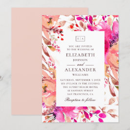 Vattenfärgad rosa och persikoträdgårdsbröllop i bl inbjudningar