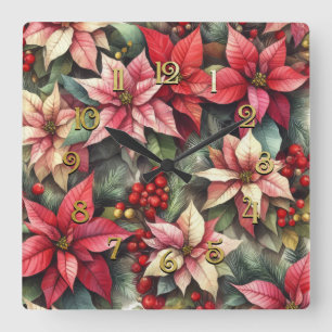 Vattenfärgad Rosa och Röda poinsettia Fyrkantig Klocka
