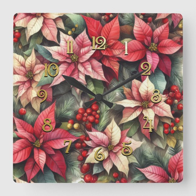 Vattenfärgad Rosa och Röda poinsettia Fyrkantig Klocka (Framsida)