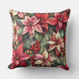 Vattenfärgad Rosa och Röda poinsettia Kudde
