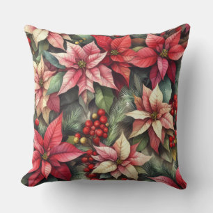 Vattenfärgad Rosa och Röda poinsettia Kudde