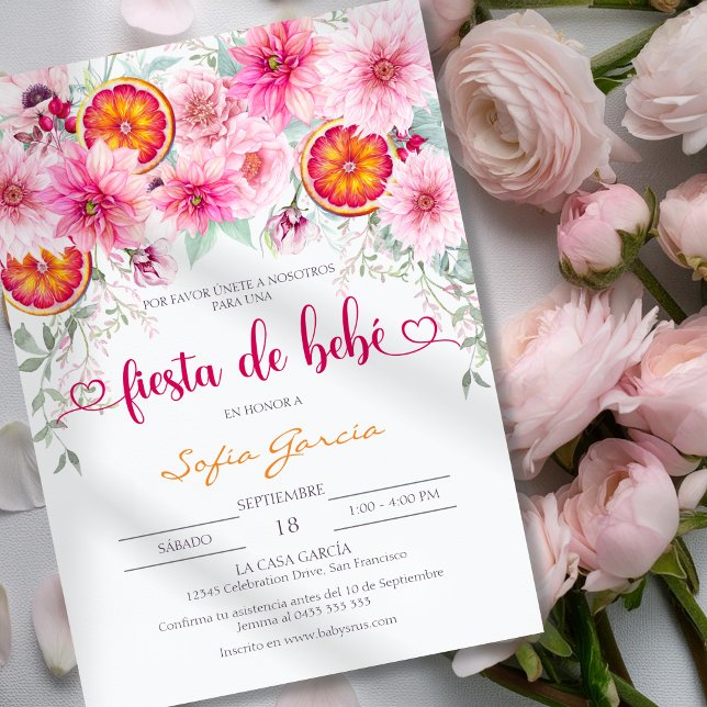 Vattenfärgad Rosa och spanska babyskor av Citrus Inbjudningar (Spanish baby shower invitation with watercolor pink flowers and slices of orange)