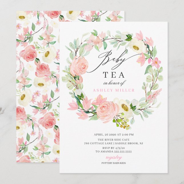 Vattenfärgad Rosa Peonies Blommigt Baby Shower Tea Inbjudningar (Fram/baksida)