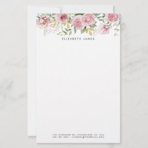 Vattenfärgad Rosa Peonies och Eucalyptus Guld Wand Brevpapper