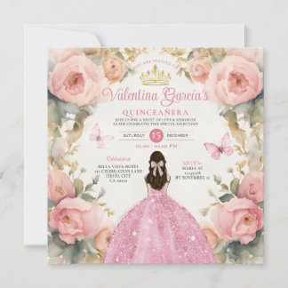Vattenfärgad Rosa Quinceañera 15 Anos Flowers Kron Inbjudningar