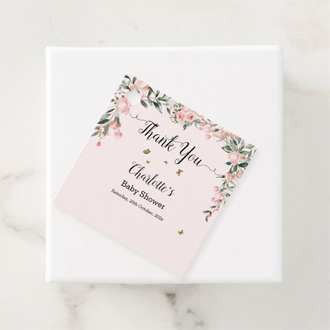 Vattenfärgad Rosa ros med Butterflies Baby Shower Gåvor Etiketter (På plats)