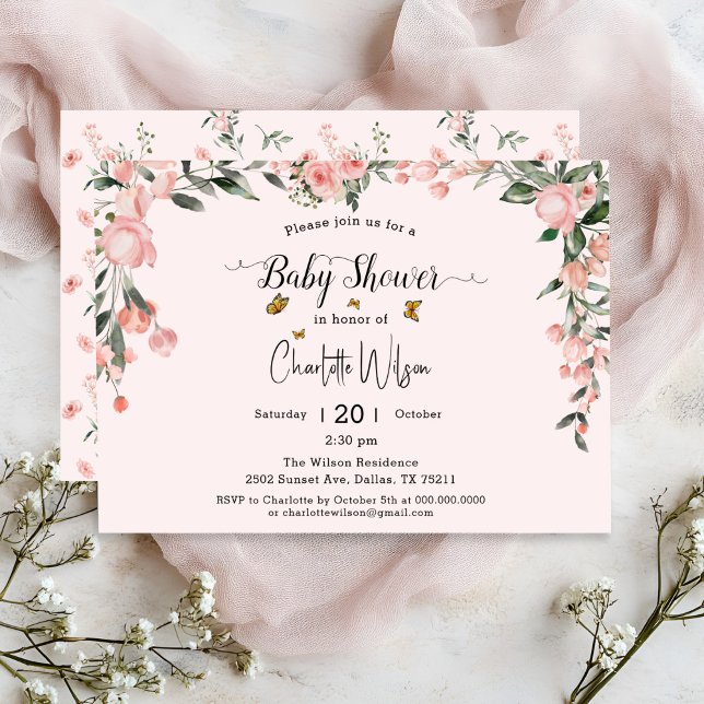 Vattenfärgad Rosa ros med Butterflies Baby Shower Inbjudningar (Skapare uppladdad)