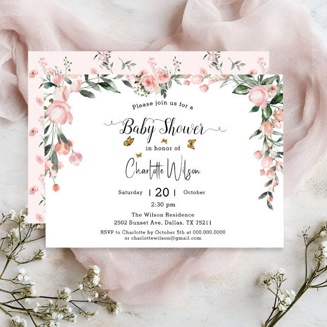 Vattenfärgad Rosa ros med Butterflies Baby Shower Inbjudningar (Skapare uppladdad)