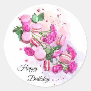 Vattenfärgad Rosa ros och Fransk Macaron födelse Runt Klistermärke