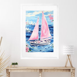 Vattenfärgad Rosa Segelbåt Kustblått Poster