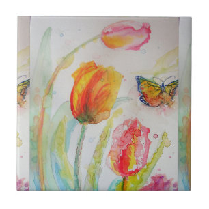 Vattenfärgad Rosa Tulip-Blommigt Keramisk panel Kakelplatta