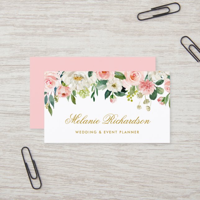 Vattenfärgad Rosa  vit Blommigt Guld Elegant Visitkort (Fram/Back In Situ)