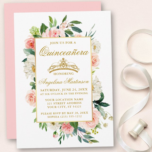 Vattenfärgad Rosa  vit Blommigt Quinceanera Inbjudningar (Customize to change text color, style, add text & photos to back or change color of back of card.)