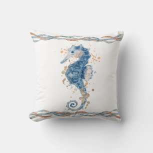 Vattenfärgad Seahorse seafoam grått blue peach rib Kudde